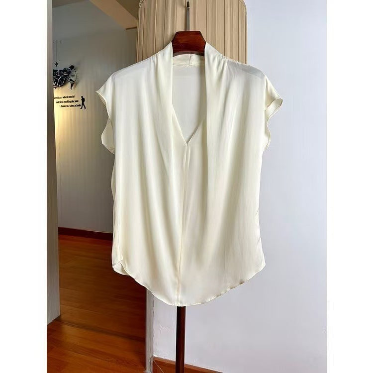 Drape Neck Sleeveless Blouse - Elegant V-Neck Top for Women Thin Shirt Women Sleeveless Pullover Vest Top Women