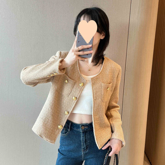 Stylish Beige Button-Up Crop Jacket Korean Style Casual Niche Anti-aging Top