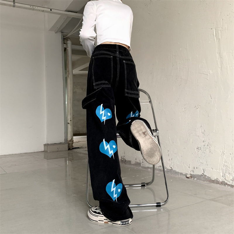 Unidrone Bolt Graphic Wide-Leg Jeans – Electric Street Energy Retro Love English Letters Loose Straight Mop Jeans For Men And Women