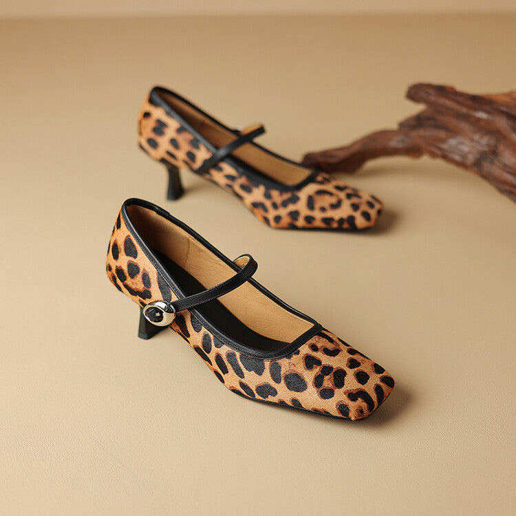 Elegant Mary Jane Heels with Leopard Print or Classic Black Suede Women's Square Toe Stiletto Heel Ankle-strap Shoes Fashionable Retro High Heels