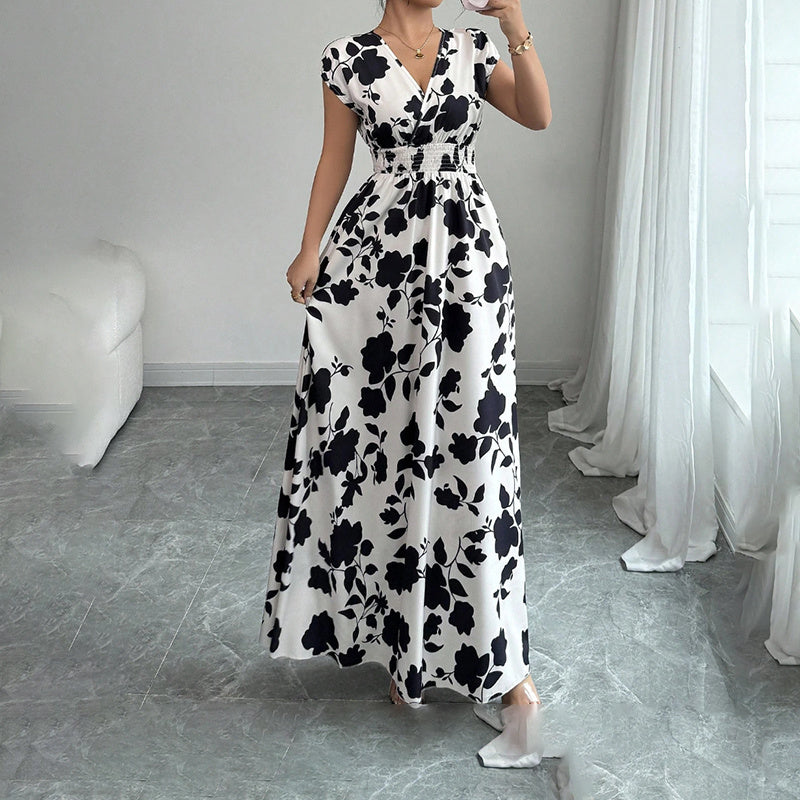Wrap V Neck Short Sleeve Empire Elastic Waist Summer Casual Elegant Maxi Long Dresses