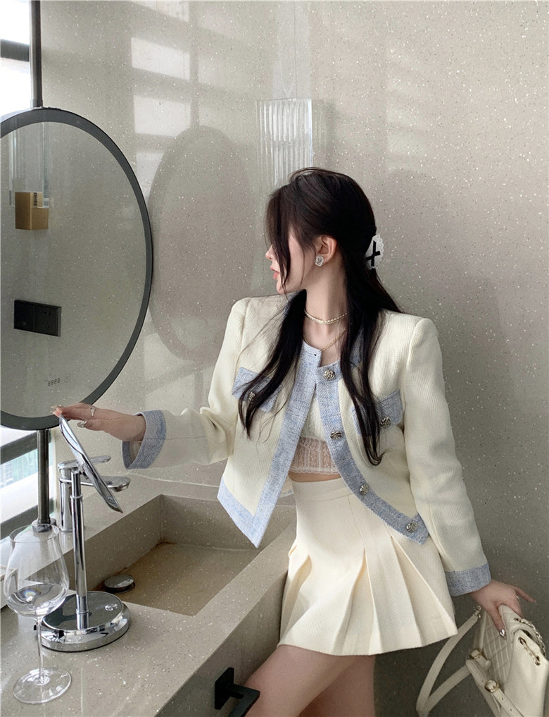 Chic Cream & Denim - Elegant Blazer Single Breasted Contrasting Korean Top