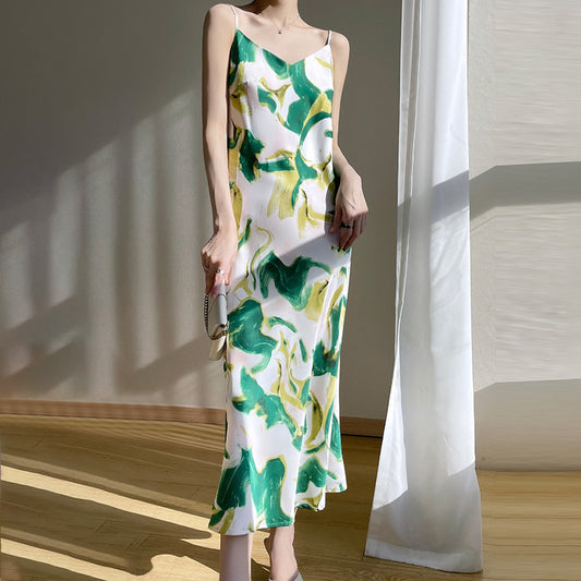 V-neck Mid-length Satin Sling Dress