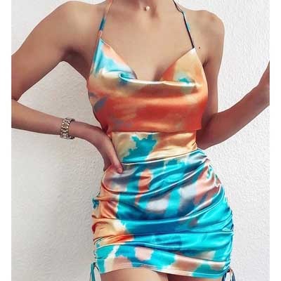 Satin Look Abstract Print Bodycon Dress Women's Sexy Backless Suspender Skirt Dresses