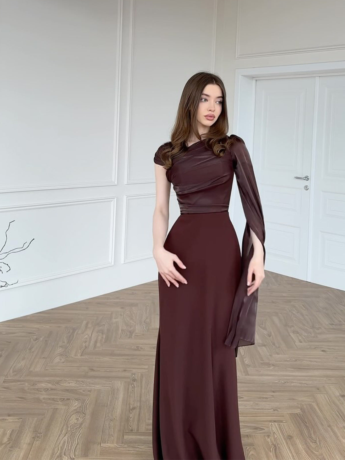 Elegant Single Long Sleeve Slim Satin Dress