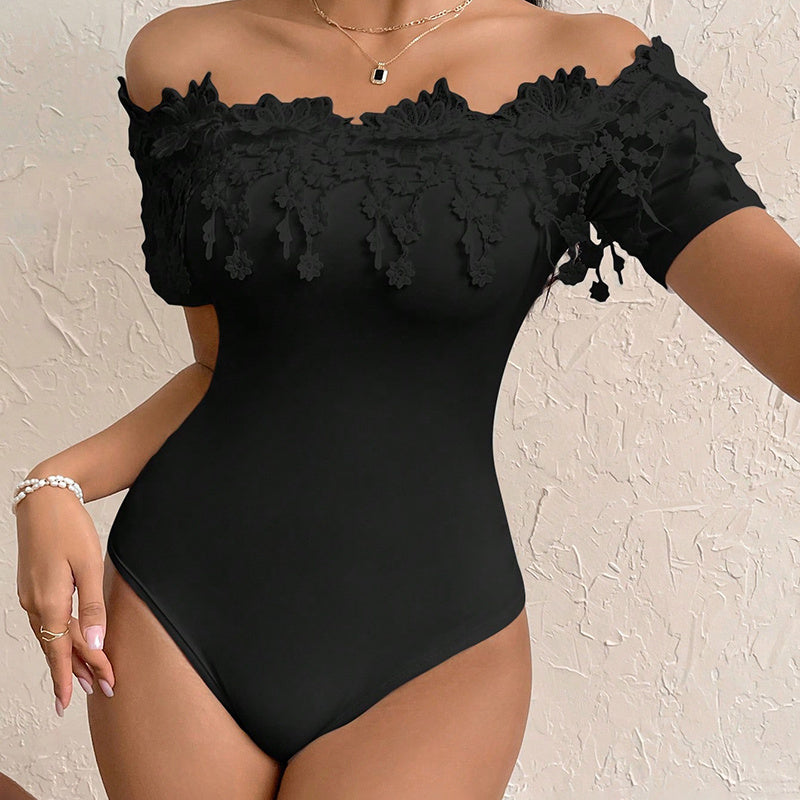 Sexy Ruffled Lace Detail Off-Shoulder One Piece Women's Off Shoulder Short Sleeve Bodysuit Sexy Lace Bodycon Top