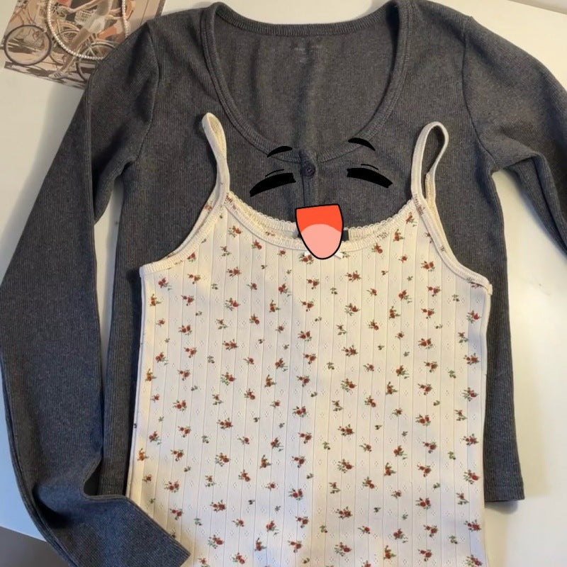 Three-button Eyelet Long-sleeved T-shirt Two-piece Set