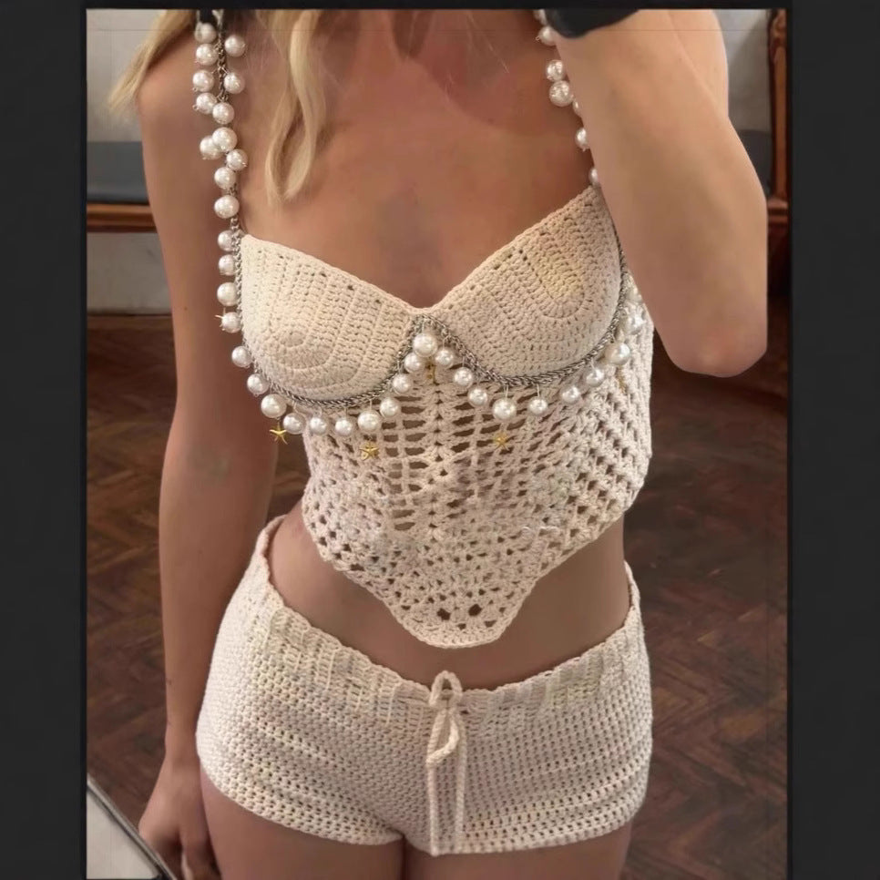 Sexy Solid Color Crop-top Spaghetti-strap Beading Top For Women's