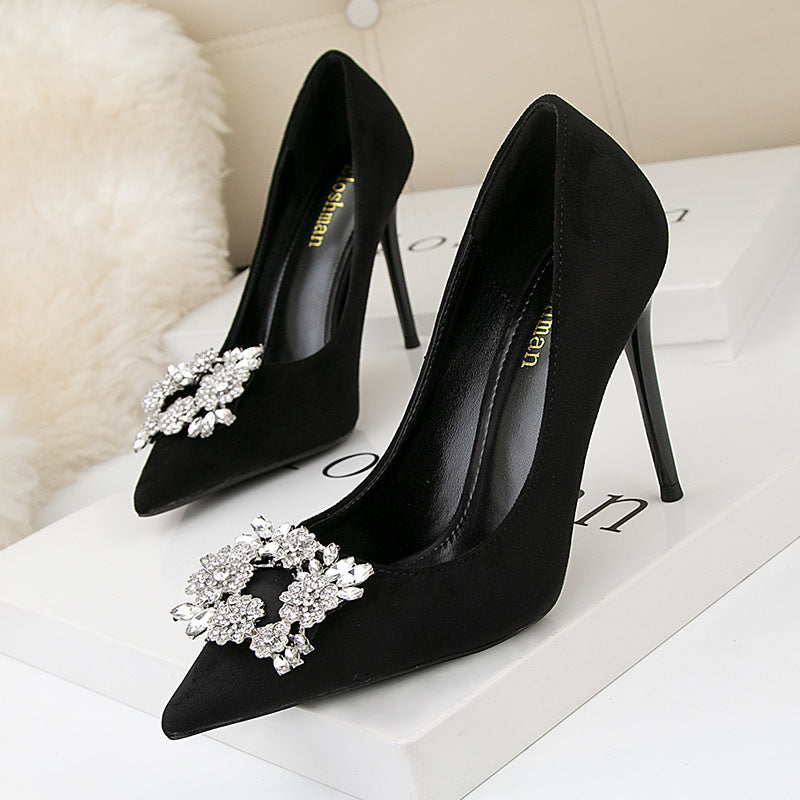 Rhinestone Buckle Pointed Toe Heels Women Pointed Toe Fashion High Heel Shoes