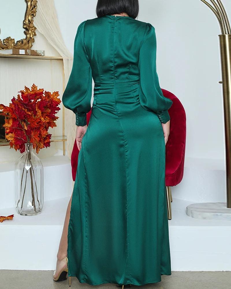 Autumn Spring Autumn Elegant Long Sleeve V Neck Plain Party Solid Lantern Sleeve High Slit Wrap Maxi Dress