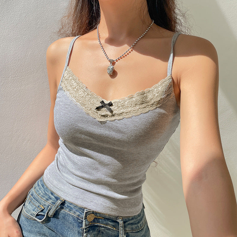 Girl Style Fashionable Knitted Lace Patchwork Round Neck Navel Short Vest