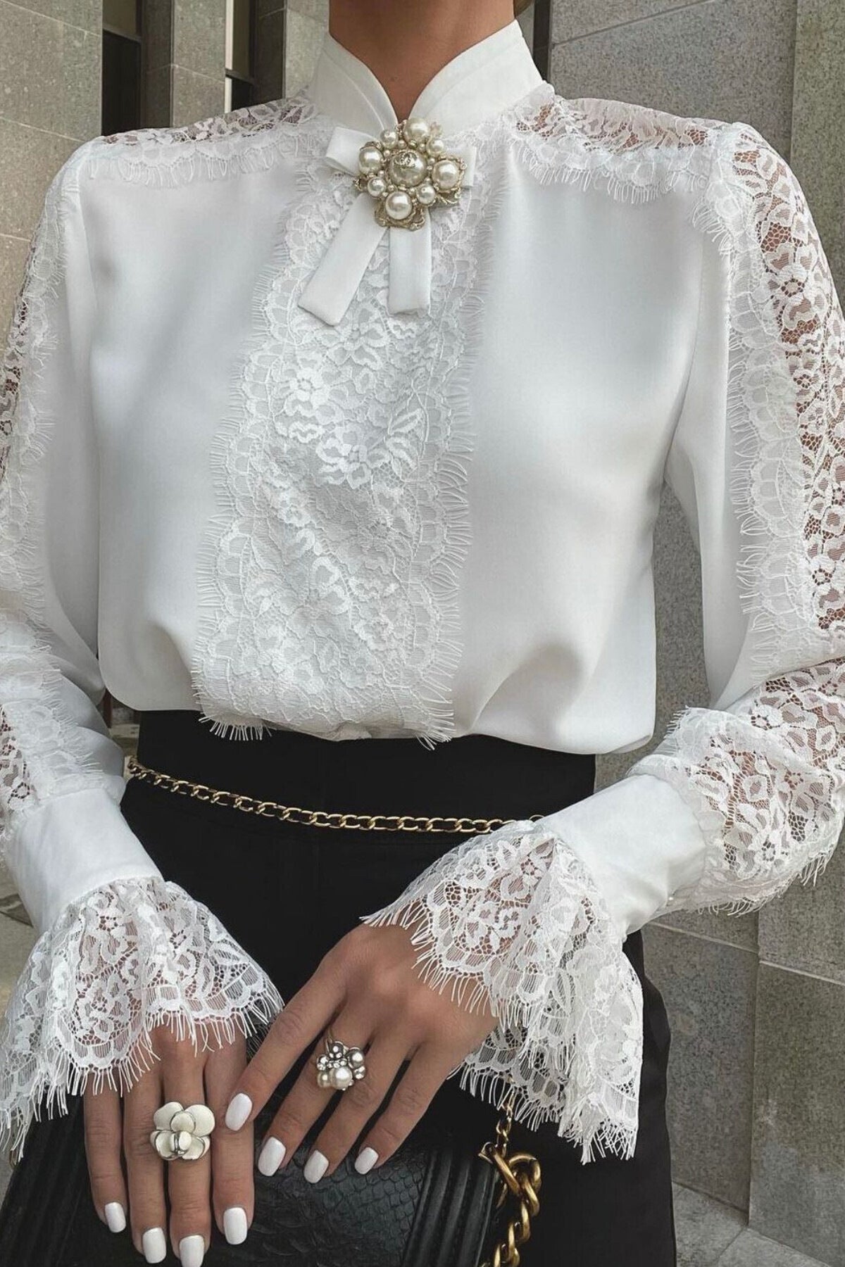 Women's Lace Patchwork Top Solid[; Color Shirt Long Sleeve