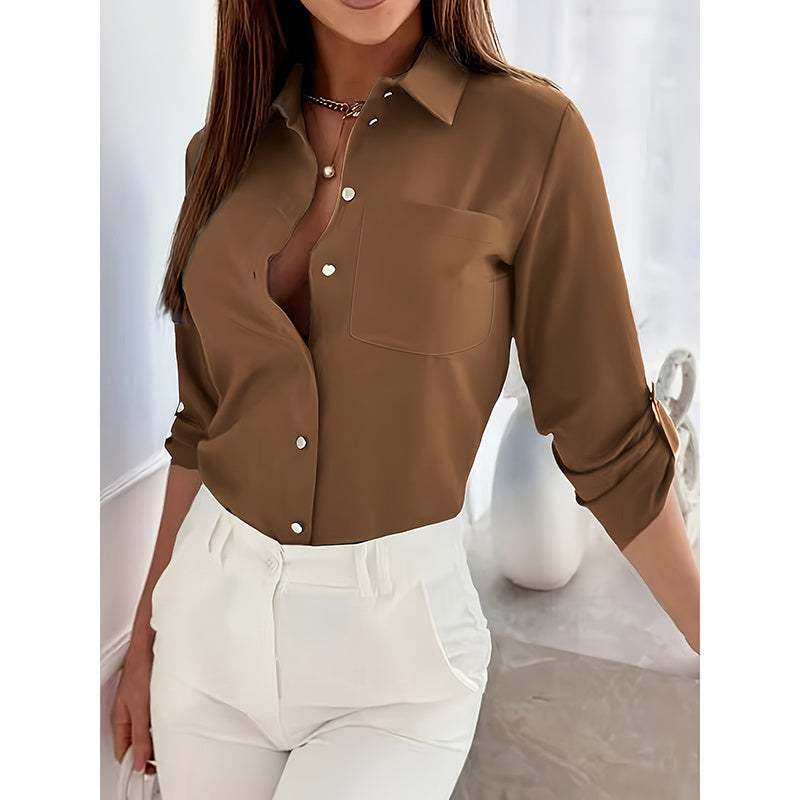 Button Down Shirts V Neck Rolled Up Long Sleeve Tops Elegant Dressy Blouses Business Casual Outfits