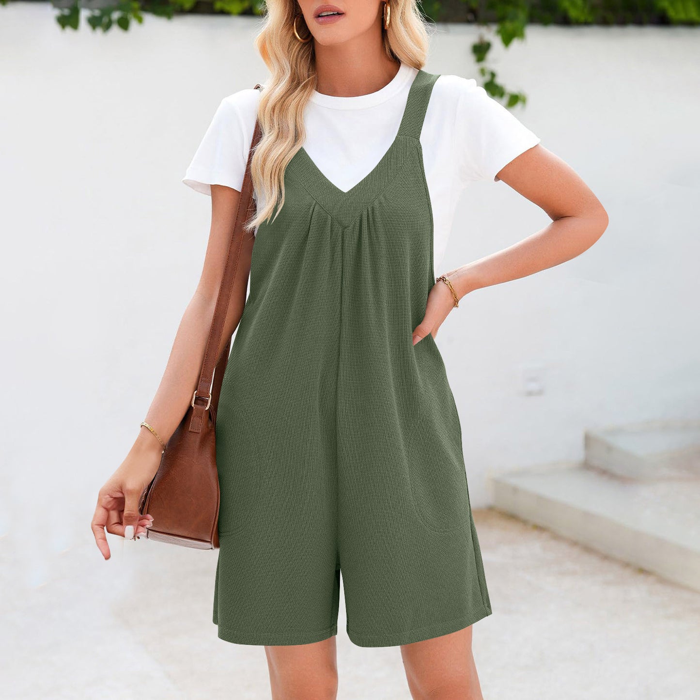Solid Color V-neck Brace Jumpsuit For Women's