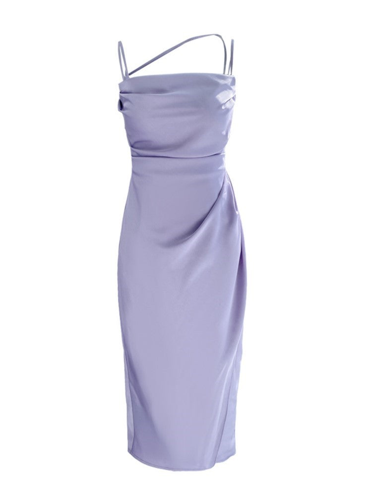 Sophisticated Silky Ruched Side Split Midi Gown Premium Satin Silky Sexy Slit Dress