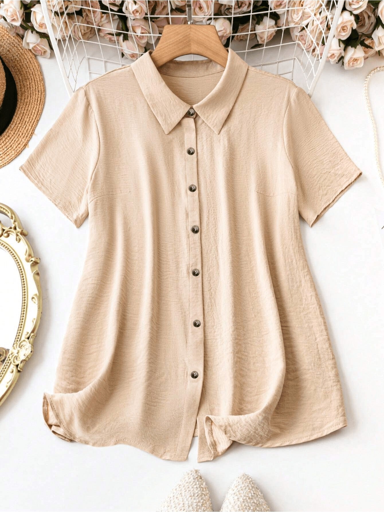 Collared Button-Down Shirt - Summer Vacation Casual Short-Sleeve Top For Outings