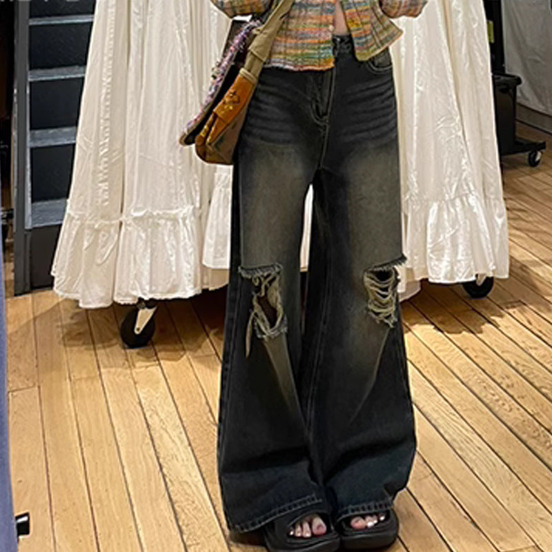 Distressed Vintage Wide-Leg Jeans – Effortless Streetwear Cool Retro Washed Ripped Jeans For Women