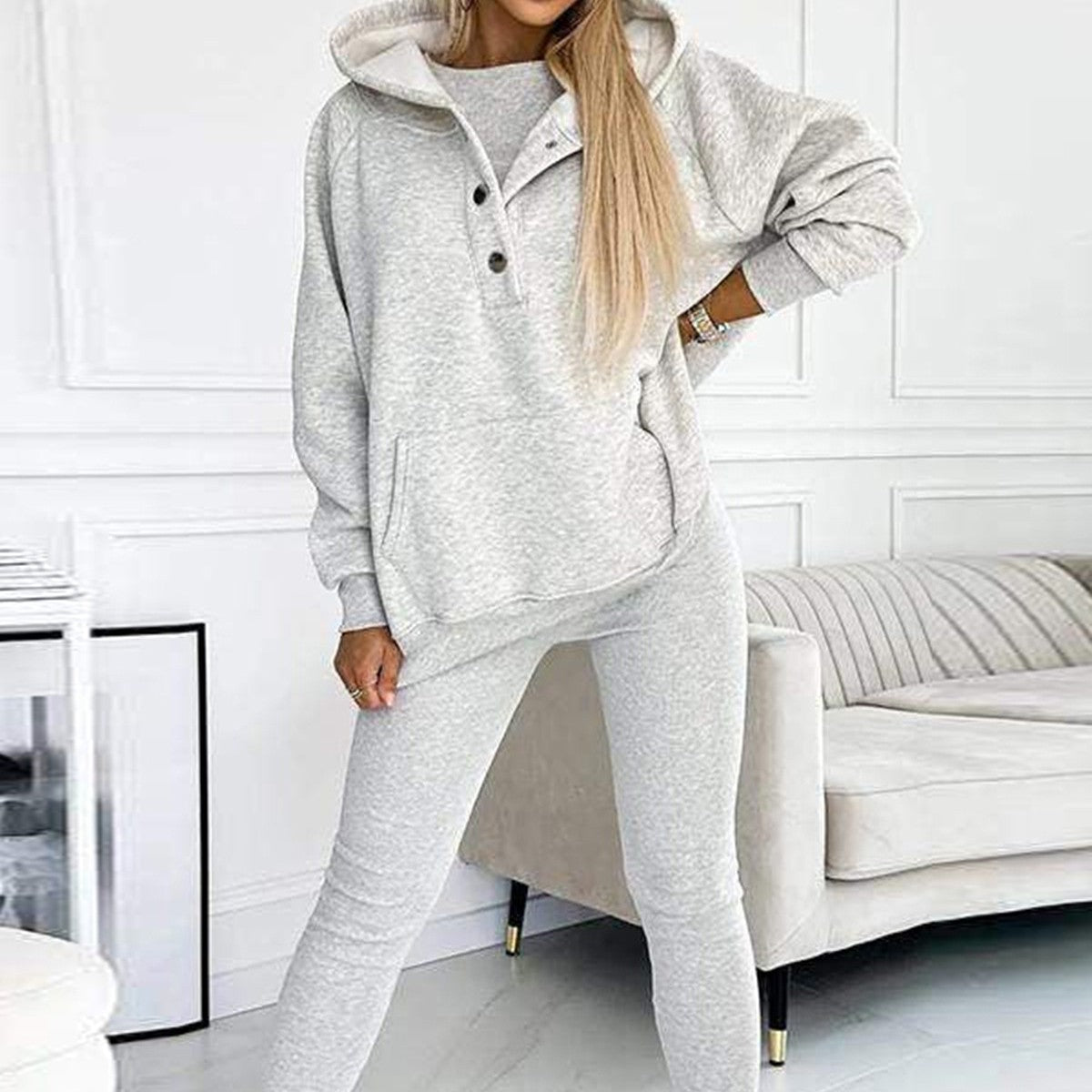3-Piece Lounge Set – Cozy, Chic & Effortlessly Stylish For Women's Sports Suit Loose Hooded Pockets Sweatshirt And Vest And Slim Trousers