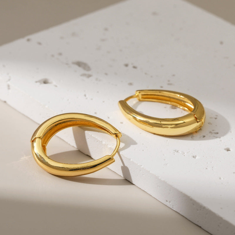 Classic Gold Plated Oval Hoop Earrings | Chunky & Minimalist Design 18K Real Gold Geometric Round Atmospheric Ear Buckles