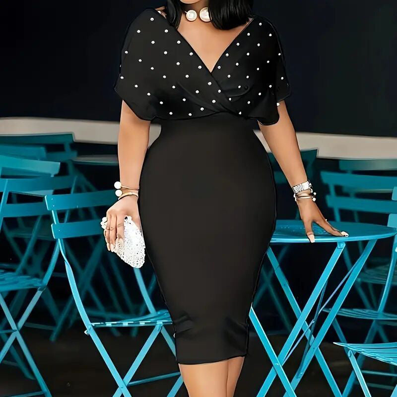Elegant Deep V Neck Wrap Bodycon Dress Back Zipper Pencil Midi Dress
