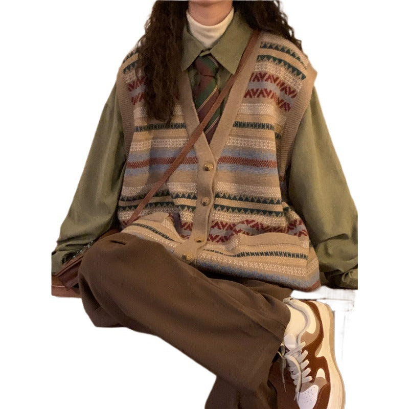 Retro Knit™ Vintage Patterned Sweater Vest – Cozy Academia Aesthetic Korean Style Loose Knitted Collar Top