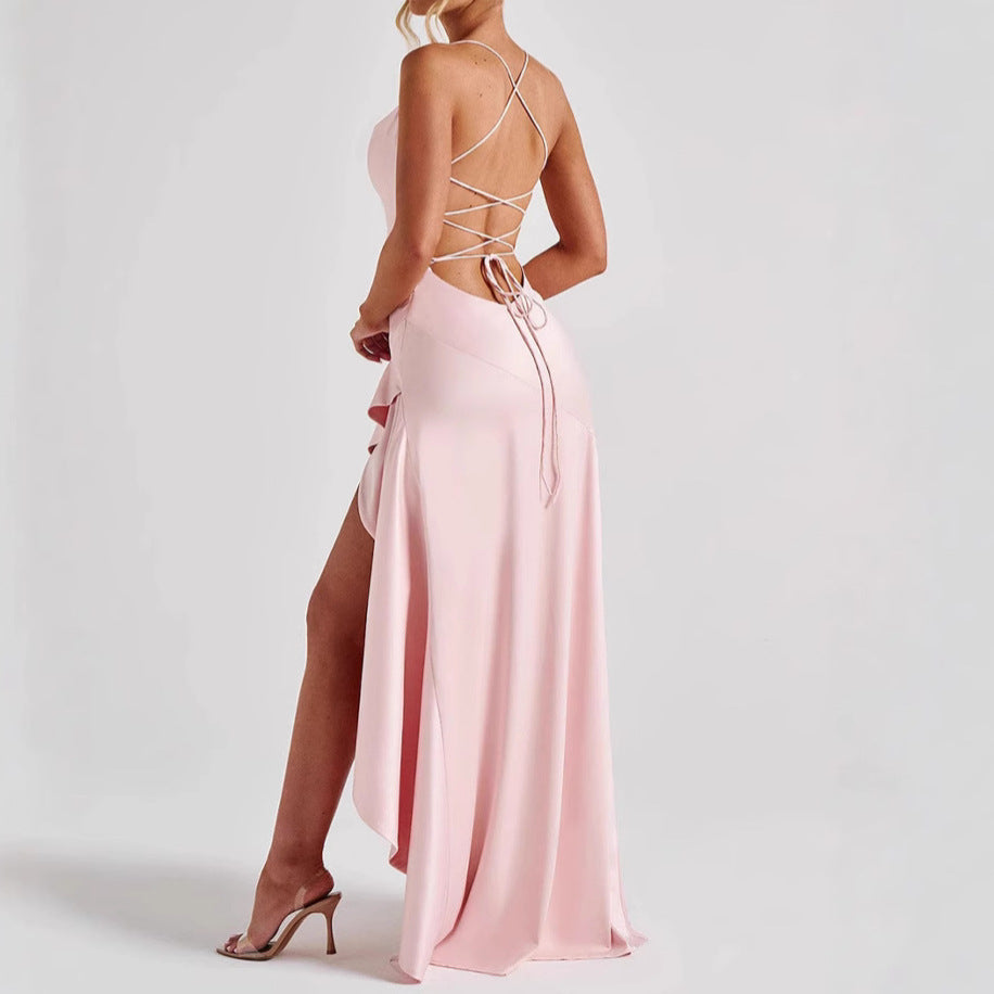 Backless Ruffles Irregular Dress Summer Fashion Evening Party Club Split Suspender Maxi Dresses Clothing