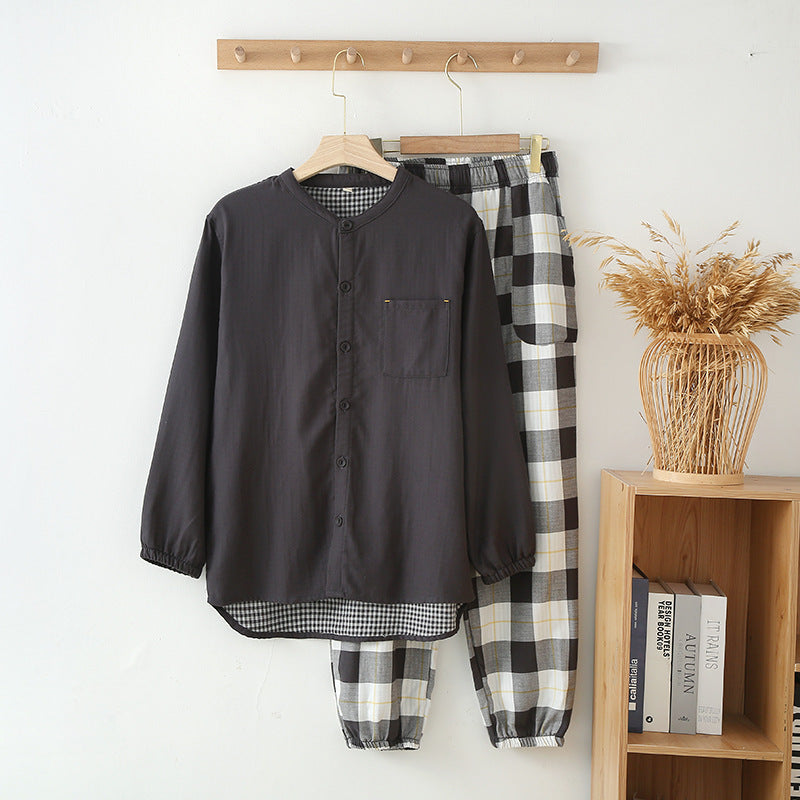 Classic Notch Collar Top & Checkered Bottoms PJs Color Woven Double Gauze Couple Cotton Pajamas Set Day Round Collar Long Sleeve Four Seasons Thin Men And Women Home