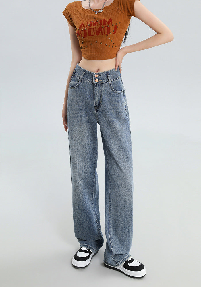 Urban Ease – Mid-Wash Loose Fit Jeans Fashion Personality Wide Leg Jeans For Women