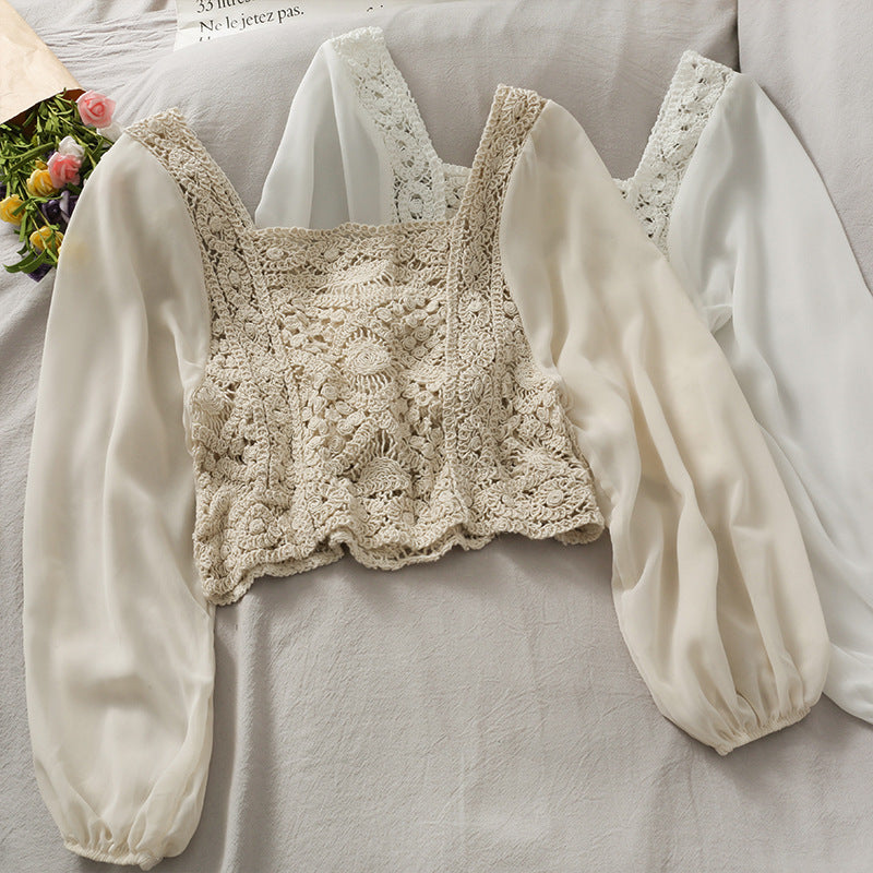 Elegant Crochet Panel Blouse | Sheer Sleeve Square Neck Top Women's Chiffon Panel Puff Long Sleeve Top