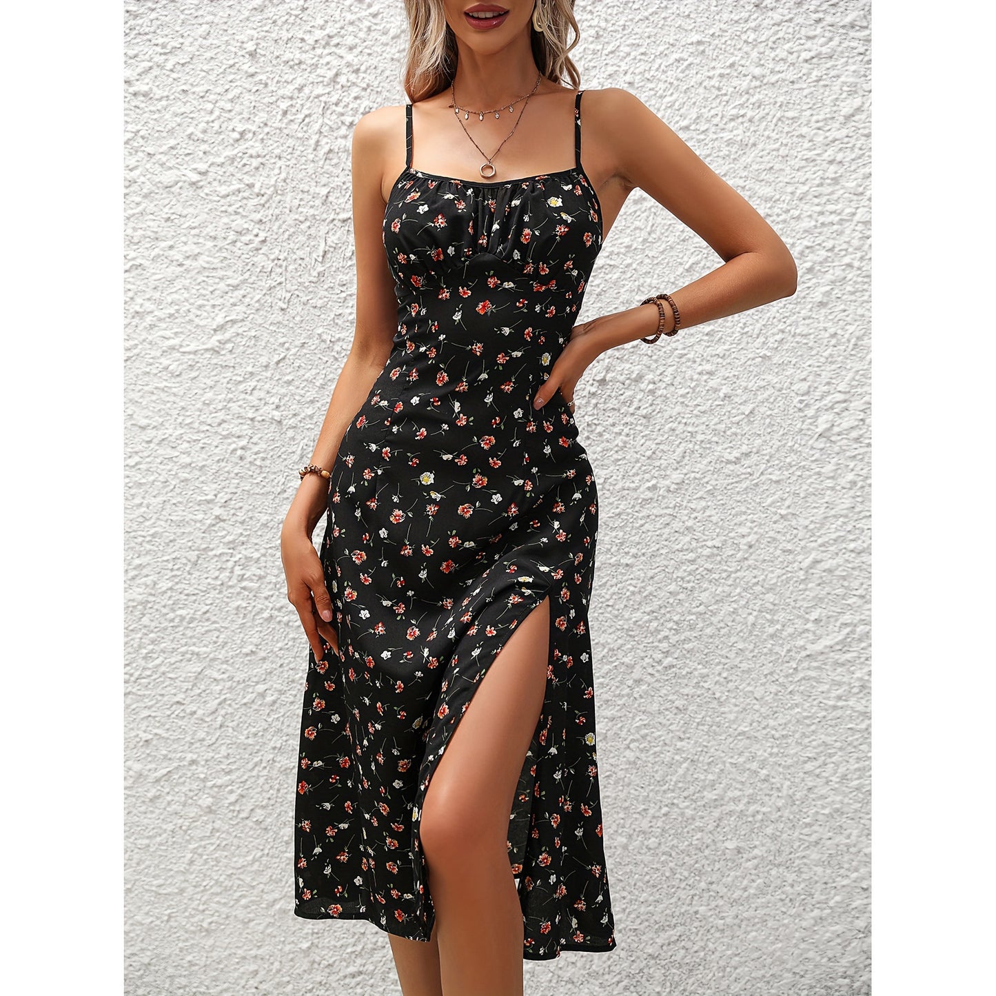 Floral Print / Polka Dot Spaghetti Strap Midi Dress with Slit Polka Dot Print Suspender Dress Summer Sexy Split Long Dresses For Women's Clothing