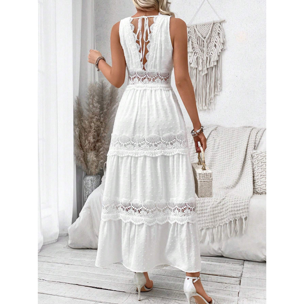 Lace Stitching V-neck Sleeveless Dress For Women's