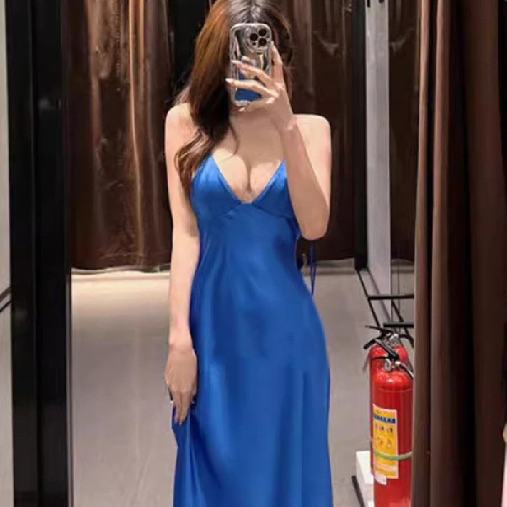 Blue French Silky Satin Bodycon Halter Spaghetti Straps Dress