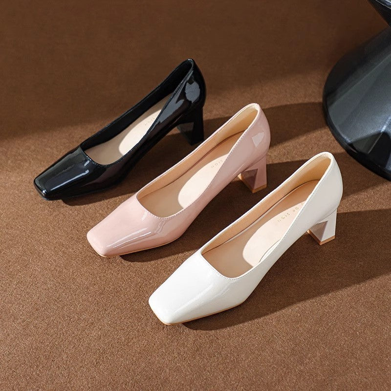 Classic Style High Heel Patent Leather Square Toe Light Luxury French Shoes