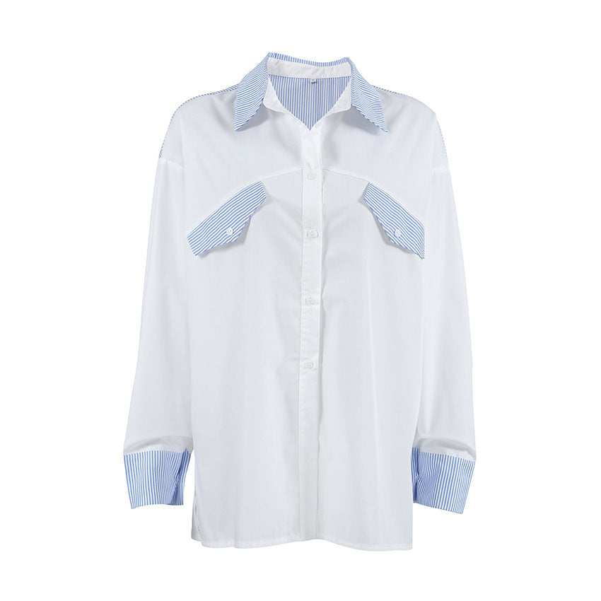 Blue And White Striped Stitching Shirt For Women Loose Outfit