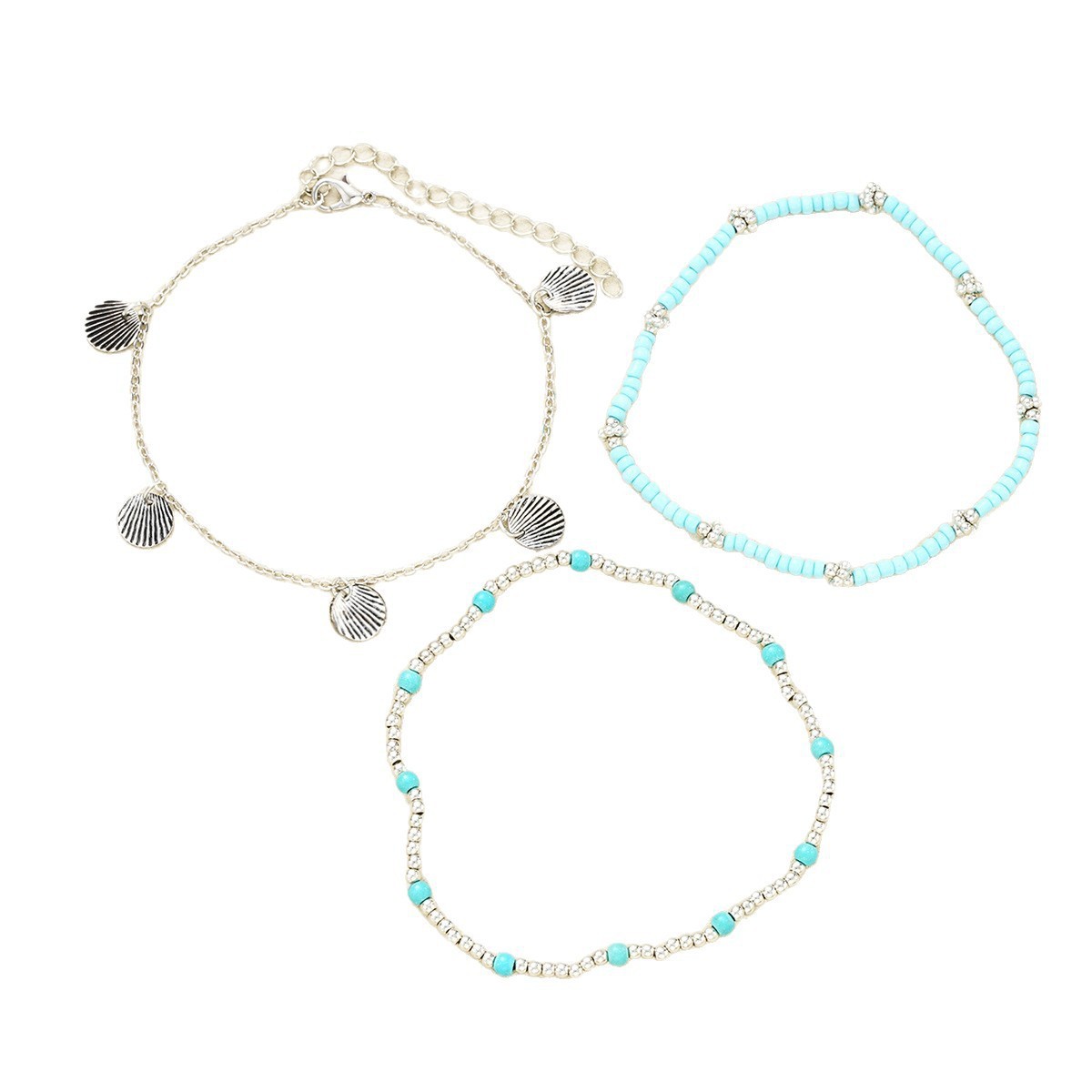 Boho Layered Turquoise Bead Anklet Set with Charms Shell Bead Anklet Set Three-piece Set