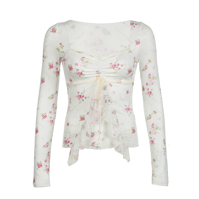 Lace Lace-up Slimming Girl Blouse Short