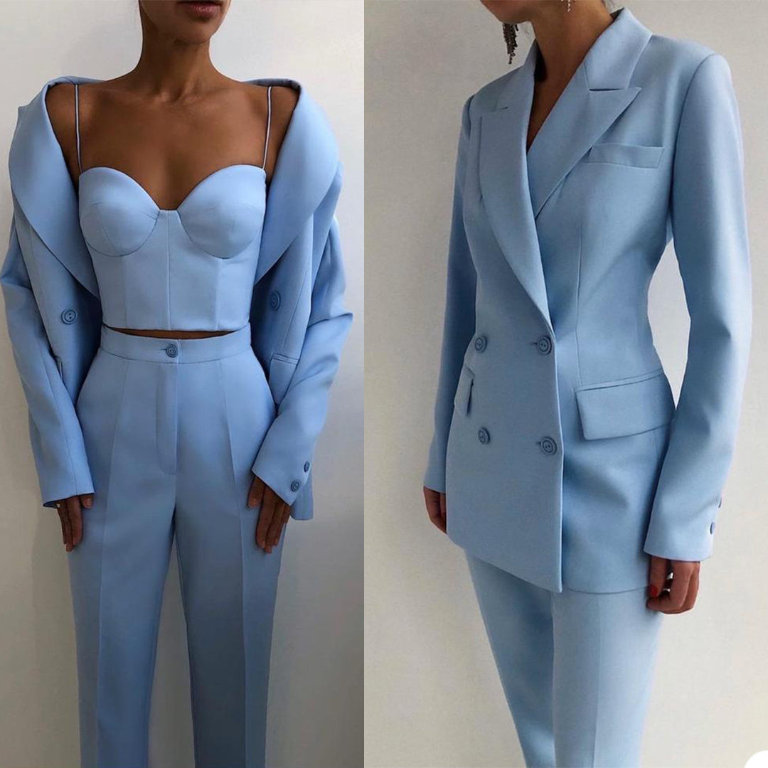 Versatile Power Suit for Women (Blazer, Top, Pants) Pieces Fashion Women Suits Peaked Lapel Double Breasted Jack