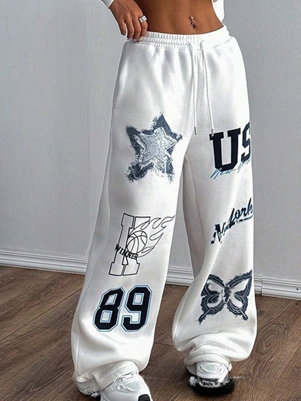 Printed Drawstring Straight Sports Casual Pants For Women's