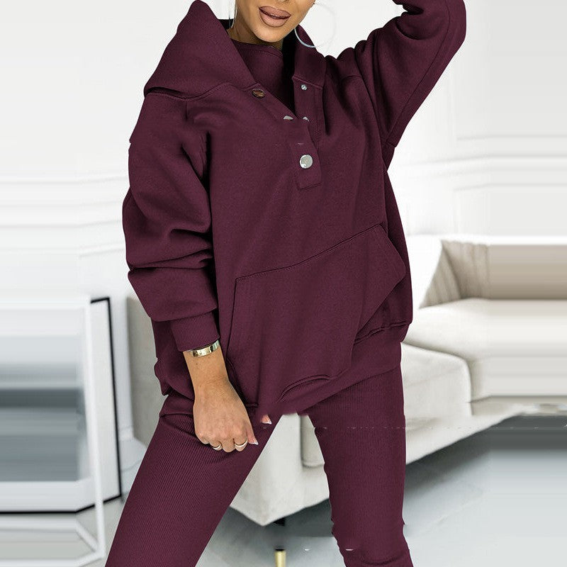 3-Piece Lounge Set – Cozy, Chic & Effortlessly Stylish For Women's Sports Suit Loose Hooded Pockets Sweatshirt And Vest And Slim Trousers