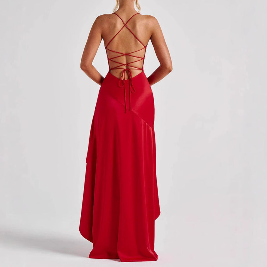 Backless Ruffles Irregular Dress Summer Fashion Evening Party Club Split Suspender Maxi Dresses Clothing