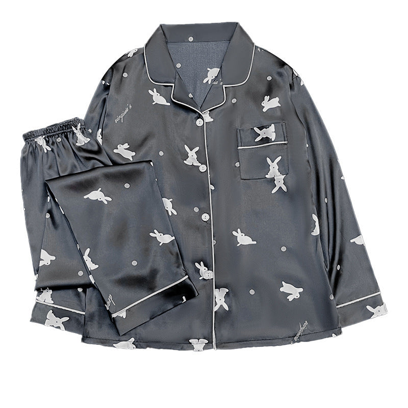 Luxurious Satin / Silk-Look Patterned Pajama Set Women's Korean-style Ins Cute Lapel Long-sleeved Pajamas