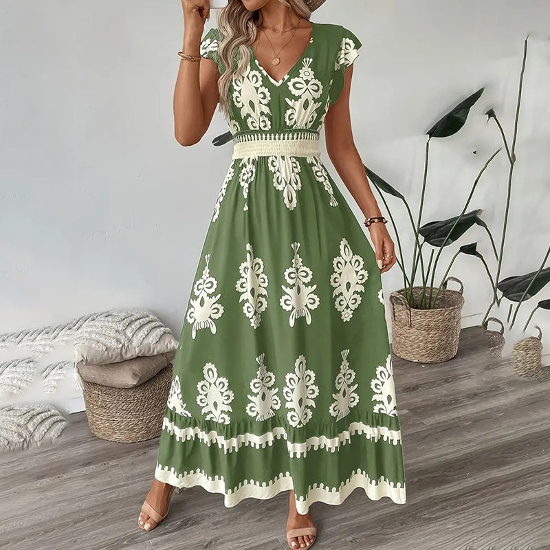 Summer Flowy Maxi Dress Casual Cap Sleeve V Neck Smocked Waist Beach Sundress