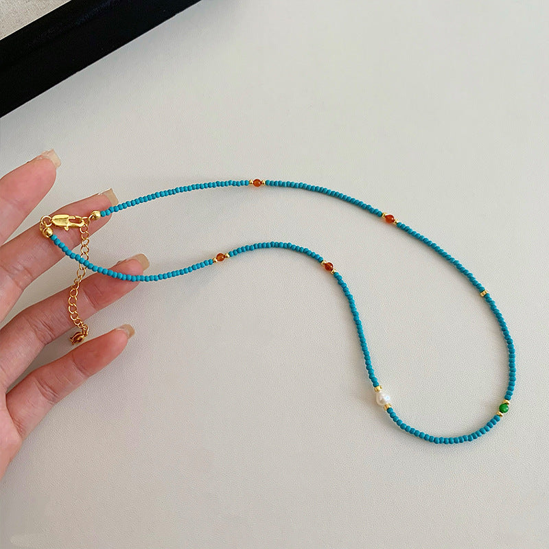 Natural Freshwater Small Pearl Turquoise Beaded Necklace