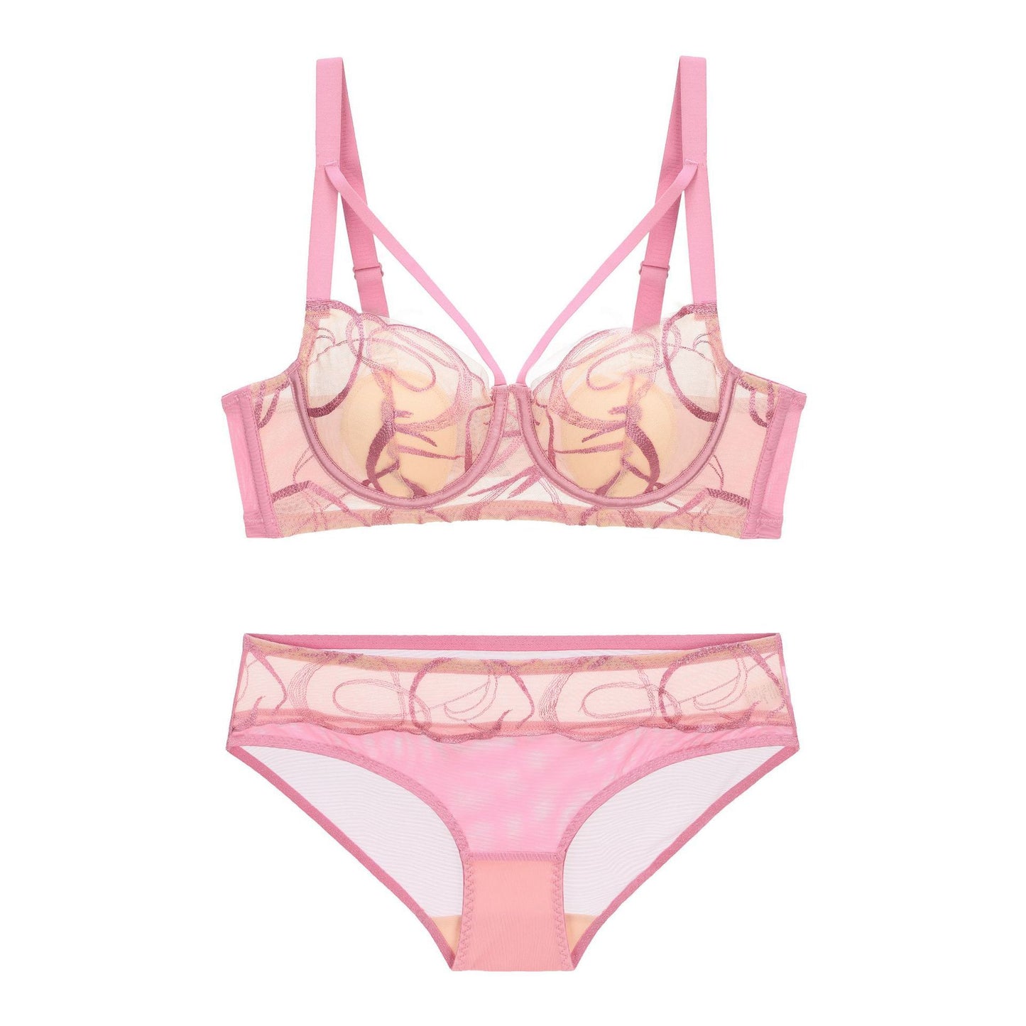 Abstract Embroidery Lingerie Set - Sheer Mesh Underwire Bra & Panty French Embroidery Suit Bra