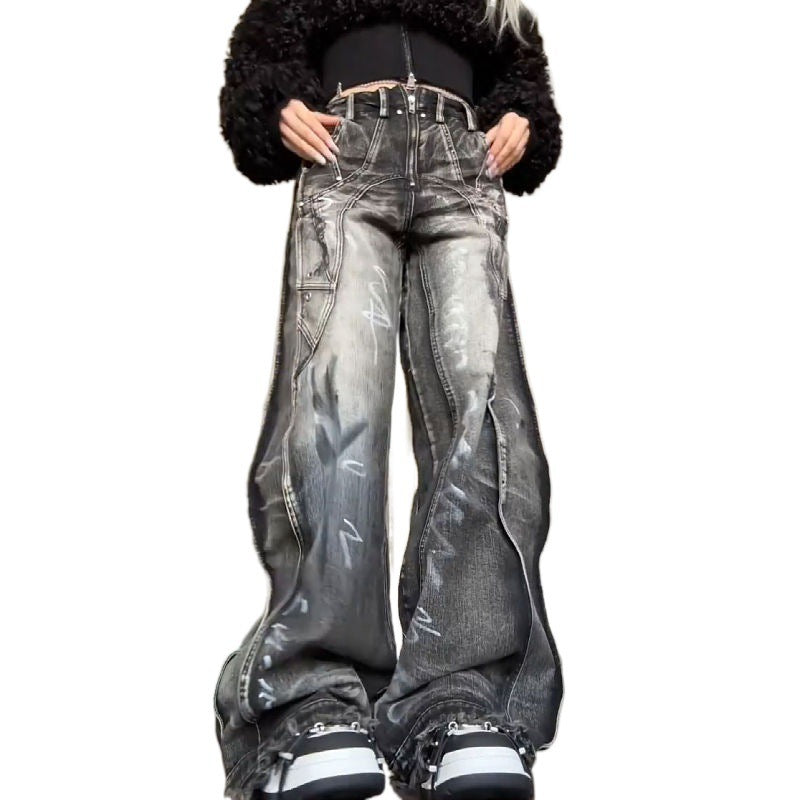 Y2K Black Acid-Wash Wide-Leg Jeans – Streetwear Baggy Grunge Denim American-style Plus Size Washed Graffiti Jeans For Women