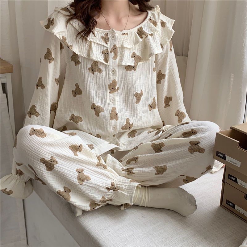 Flutter Dreams Pajama Set – Soft Ruffles & Cozy Charm Long Sleeved Pants Home Suit For Women