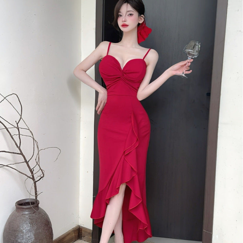 Sexy Long Spaghetti-strap Ruffle Bottoming Skinny Dress