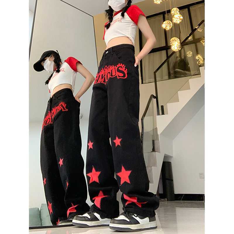 Y2K Famous Star Print Baggy Pants – Black Wide Leg Streetwear Jeans Red Star Letters Jeans For Women High Waist Casual Trousers