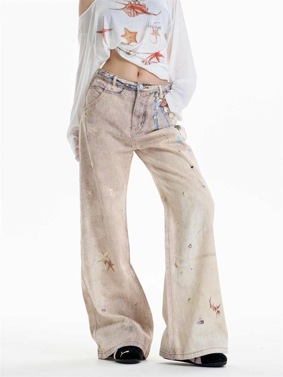 Retro Chain Print Worn Jeans Women's Straight Wide-leg Pants