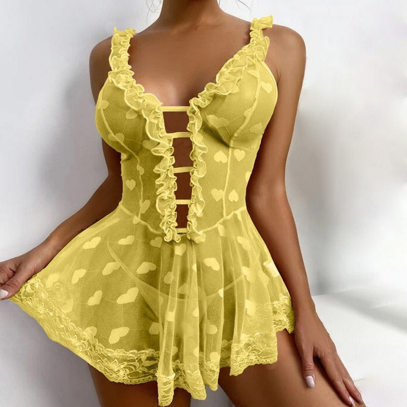Sheer Lace Baby doll Dress - Deep V-Neck Lingerie with Ruffles Perspective Black Lace Mini Skirt Erotic Lingerie